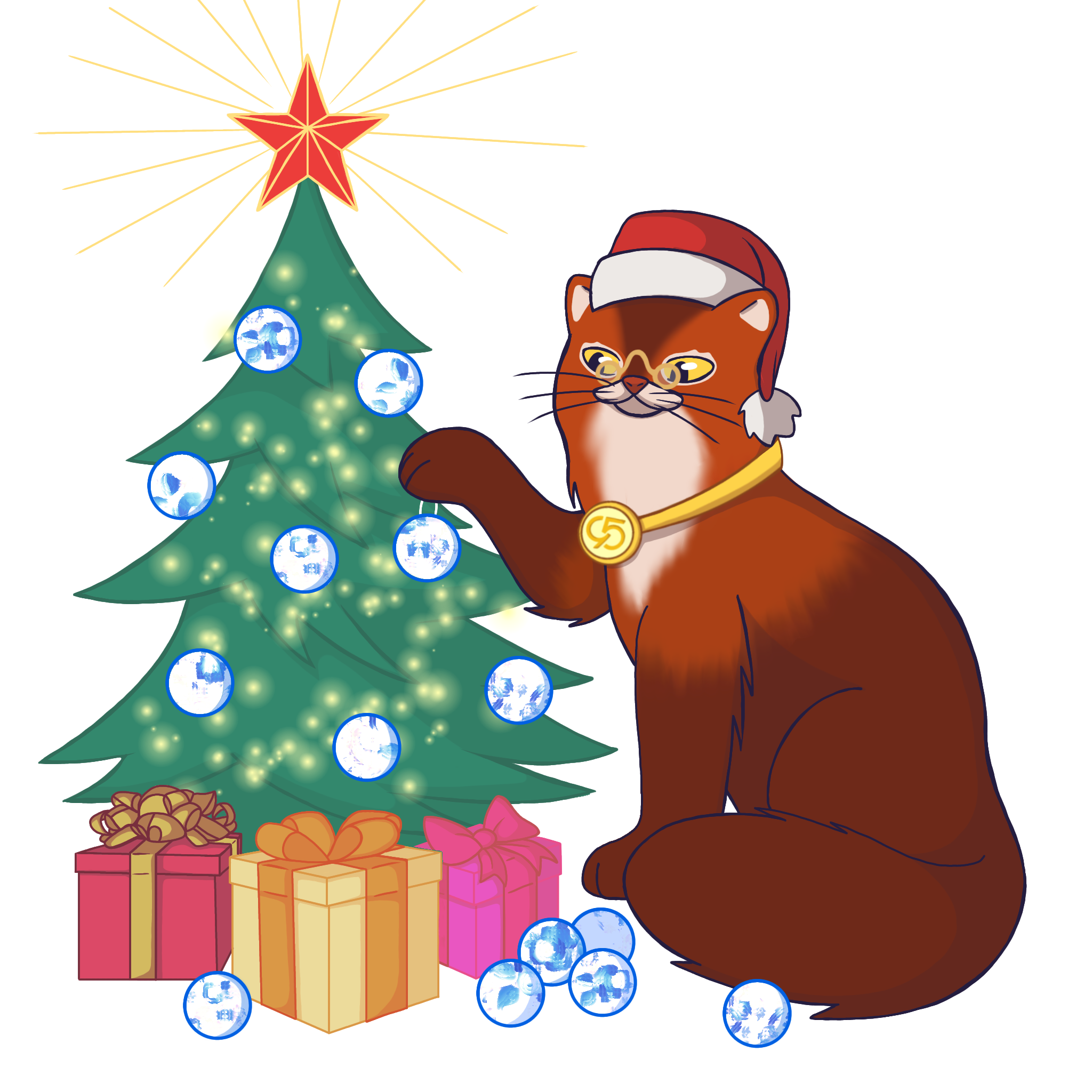 кот с елкой красной звездой